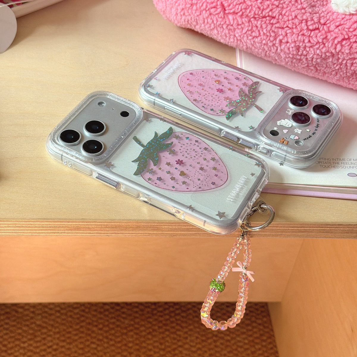 Pink Strawberry Glitter Case – With or Without Beaded Wrist Strap | 15 iPhone Models