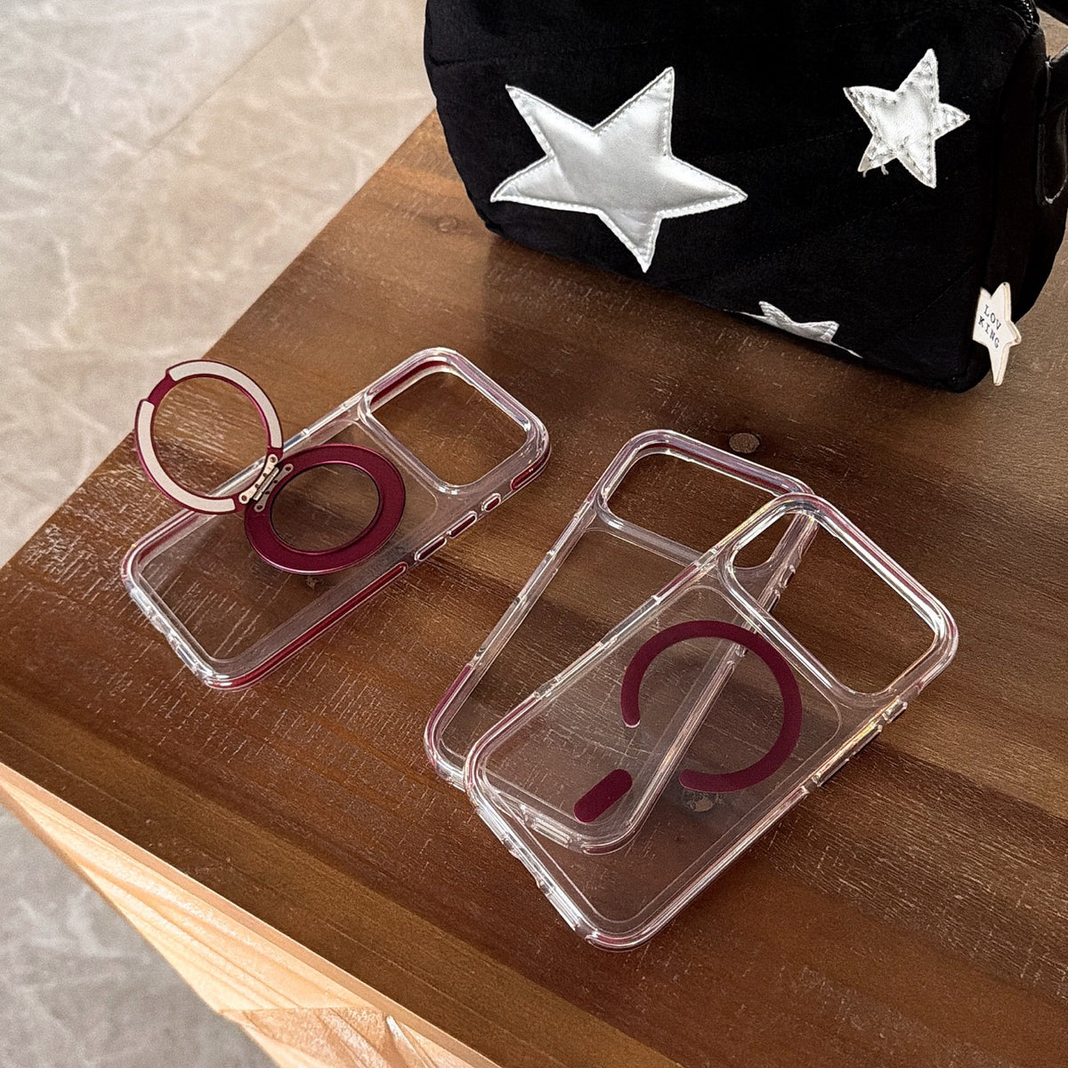 Clear Case with Cherry-Red Hinged Ring Detail – 11 iPhone Models
