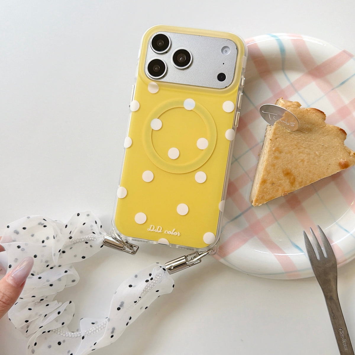 Polka Dot Phone Case with Ruffled Wrist Strap