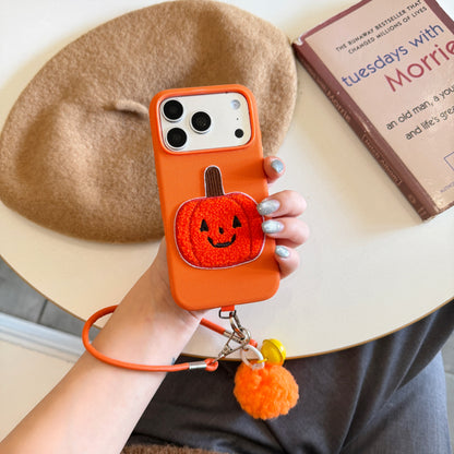 Orange Fabric Phone Case with Plush Embroidered Pumpkin & Pom-Pom Bell Wrist Strap