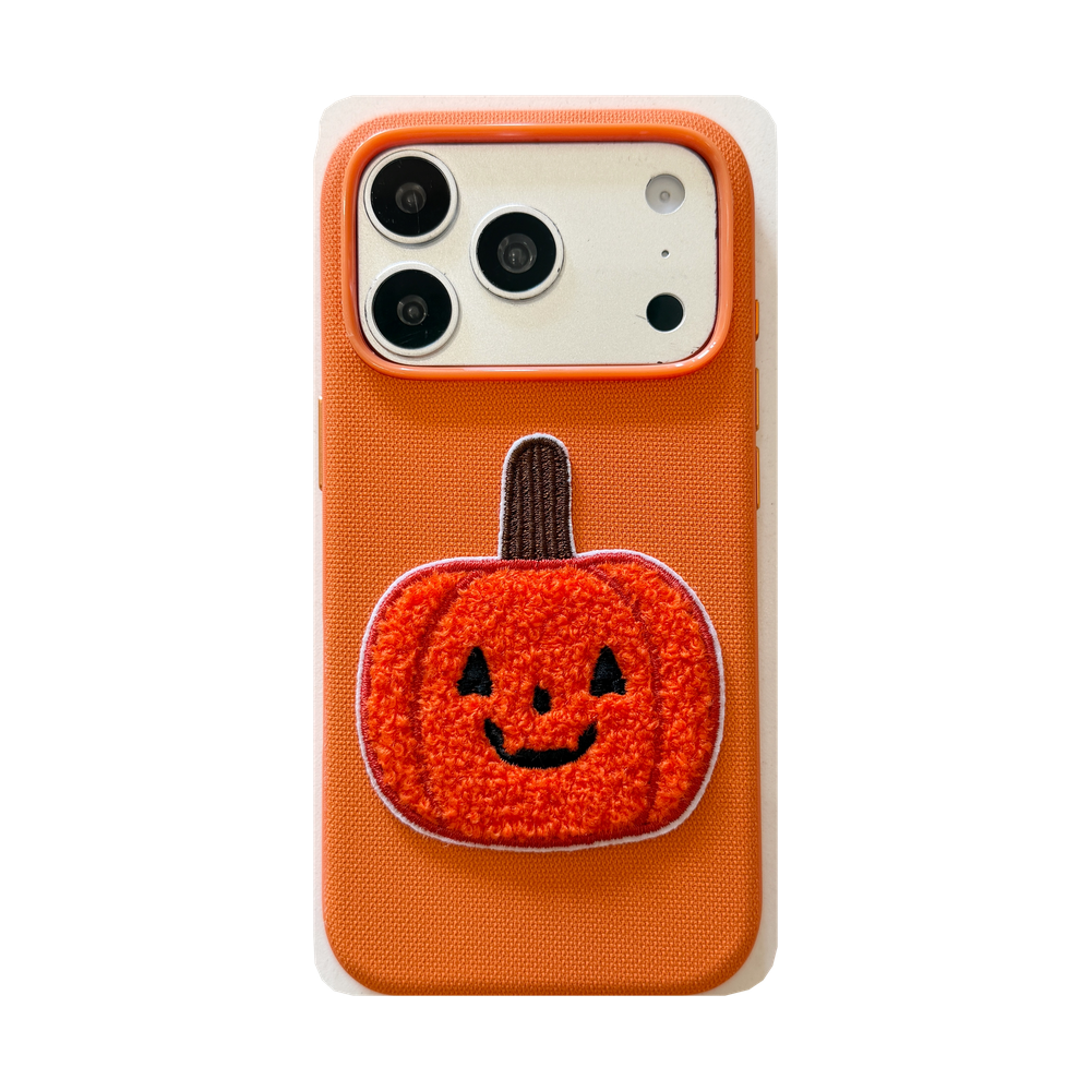 Orange Fabric Phone Case with Plush Embroidered Pumpkin & Pom-Pom Bell Wrist Strap