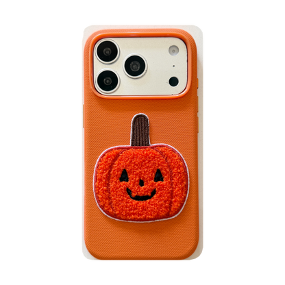 Orange Fabric Phone Case with Plush Embroidered Pumpkin & Pom-Pom Bell Wrist Strap