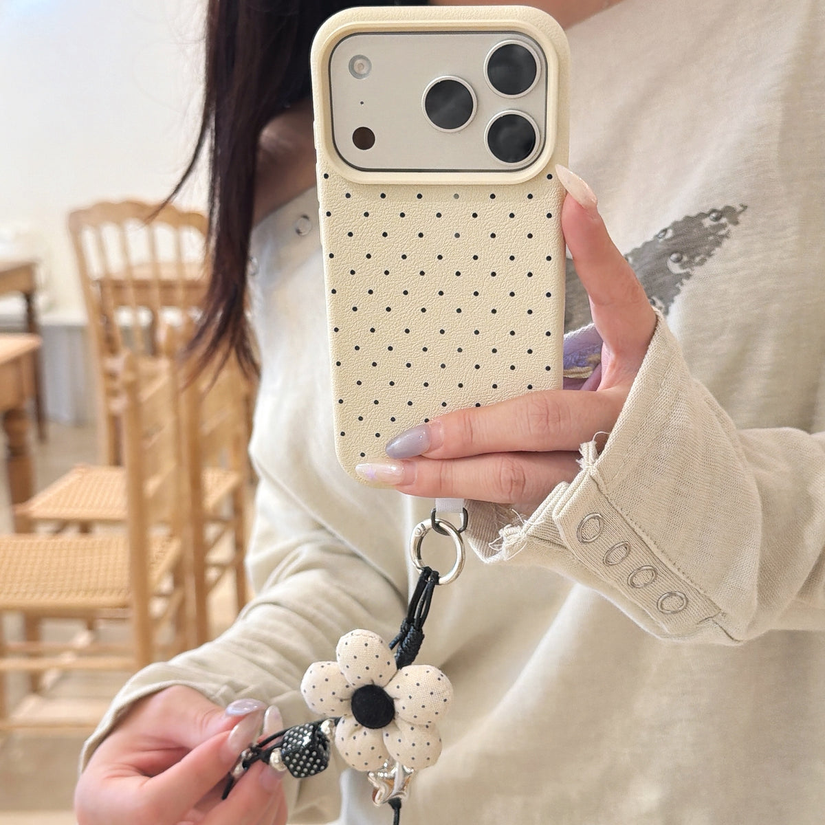 Polka Dot Phone Case with Flower Wrist Strap – 6 Color Styles