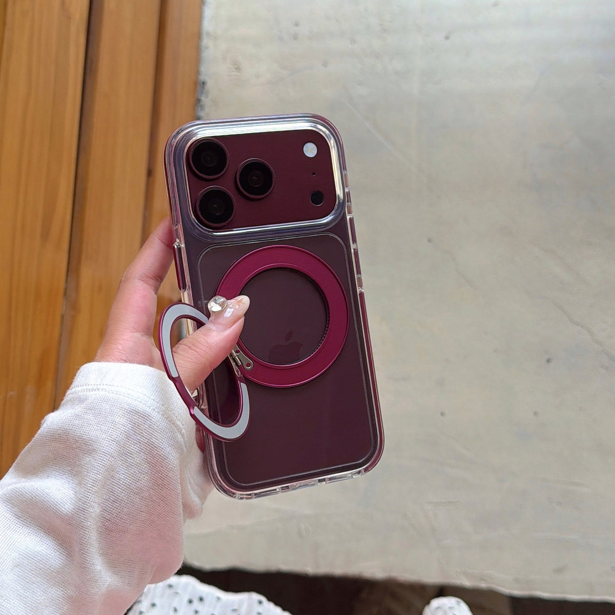Clear Case with Cherry-Red Hinged Ring Detail – 11 iPhone Models