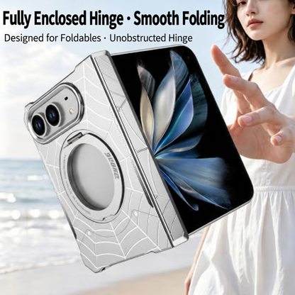iPhone Duo Foldable Metal Case with Enclosed Hinge, Magnetic Rotating Ring Stand & Spider-Web Pattern