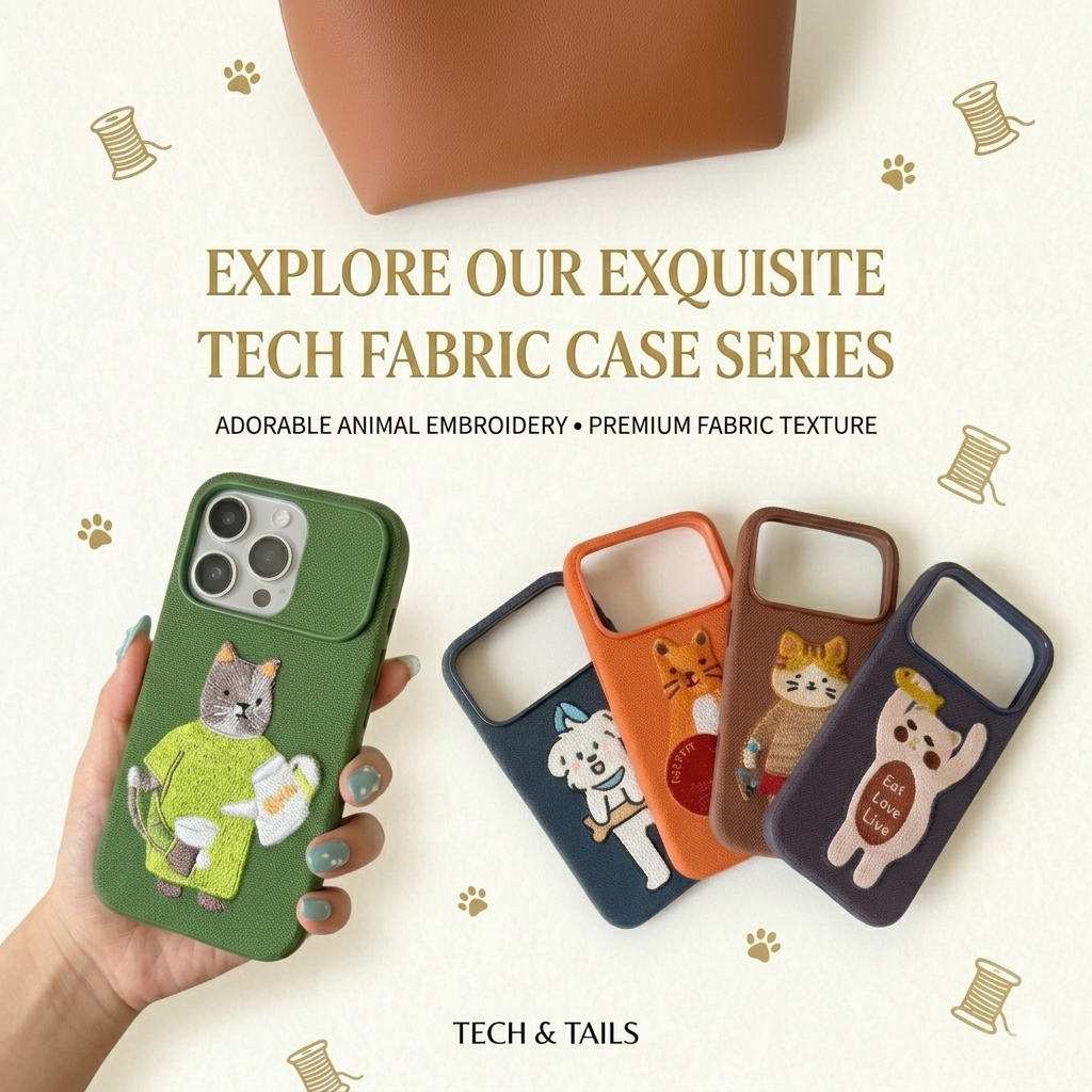 Phone cases with animal embroidery and text about the Tech & Tails brand on a white background.