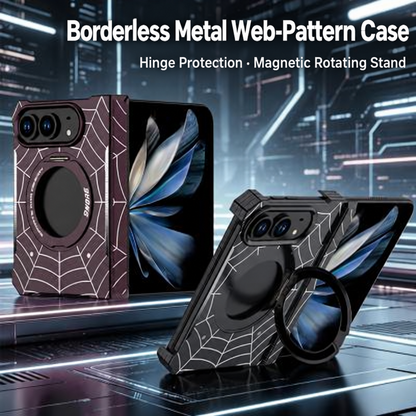 iPhone Duo Foldable Metal Case with Enclosed Hinge, Magnetic Rotating Ring Stand & Spider-Web Pattern