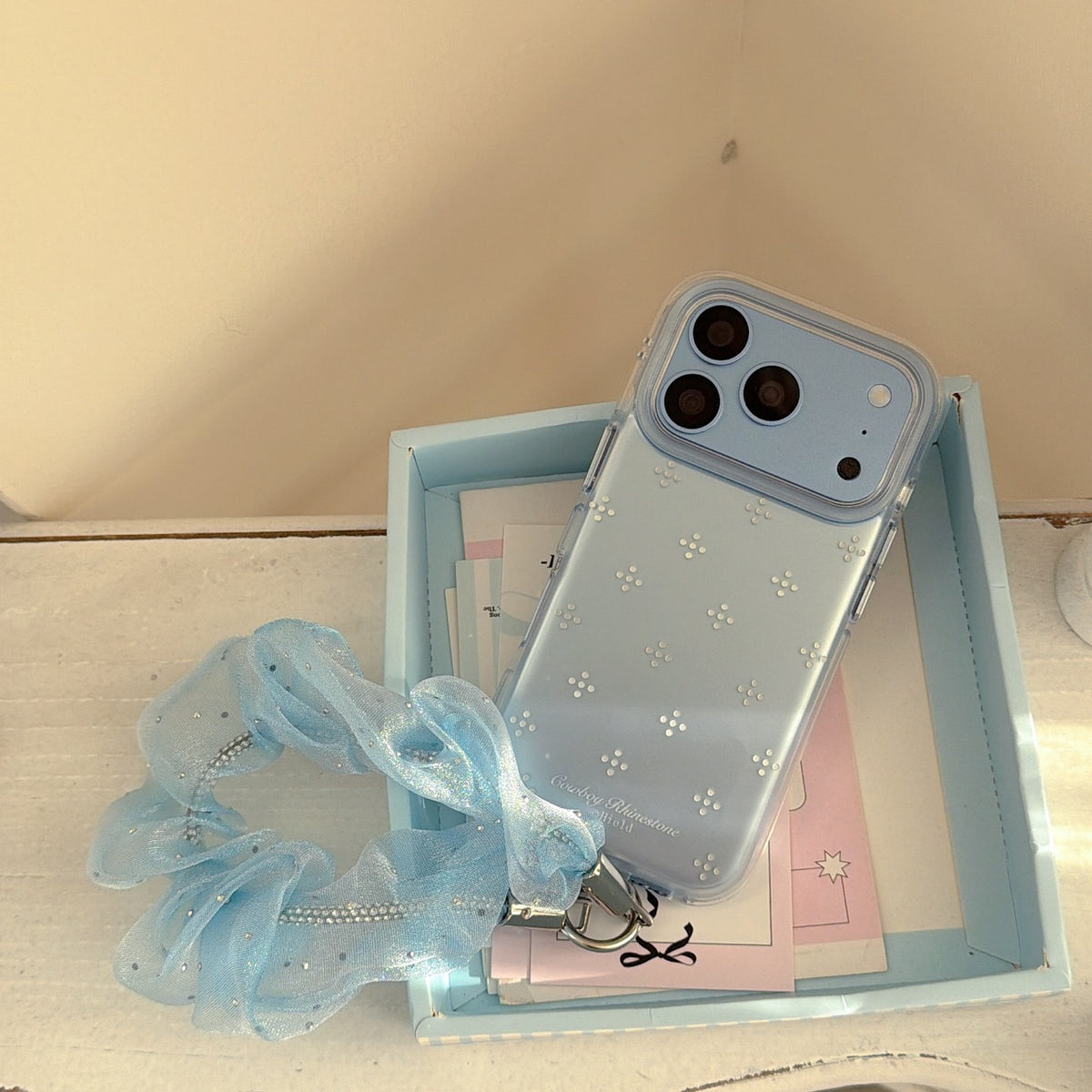 Gradient Blue Rhinestone Flower Gold-Trim Air-Cushion Double-Sided IMD iPhone Case