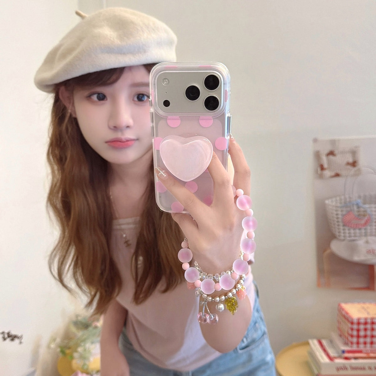 Matte Translucent Polka Dot Phone Case with Heart Stand & Beaded Wrist Strap