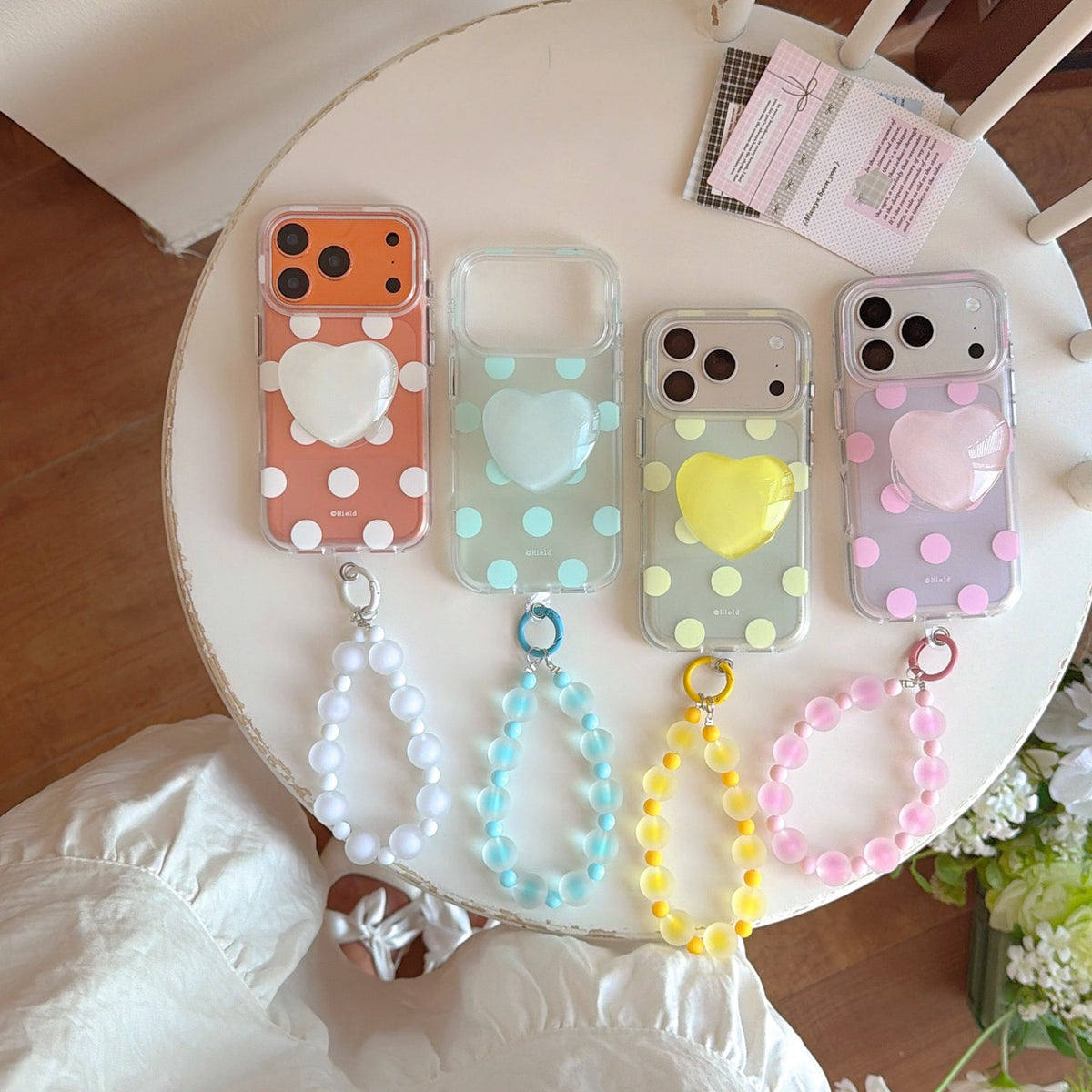 Matte Translucent Polka Dot Phone Case with Heart Stand & Beaded Wrist Strap