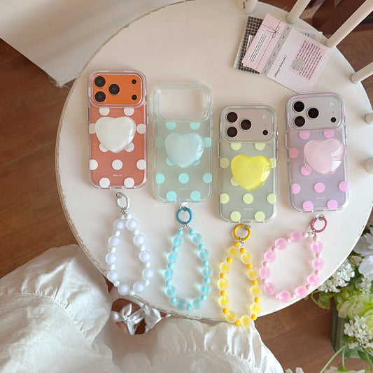 Matte Translucent Polka Dot Phone Case with Heart Stand & Beaded Wrist Strap