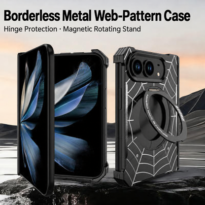 iPhone Duo Foldable Metal Case with Enclosed Hinge, Magnetic Rotating Ring Stand & Spider-Web Pattern