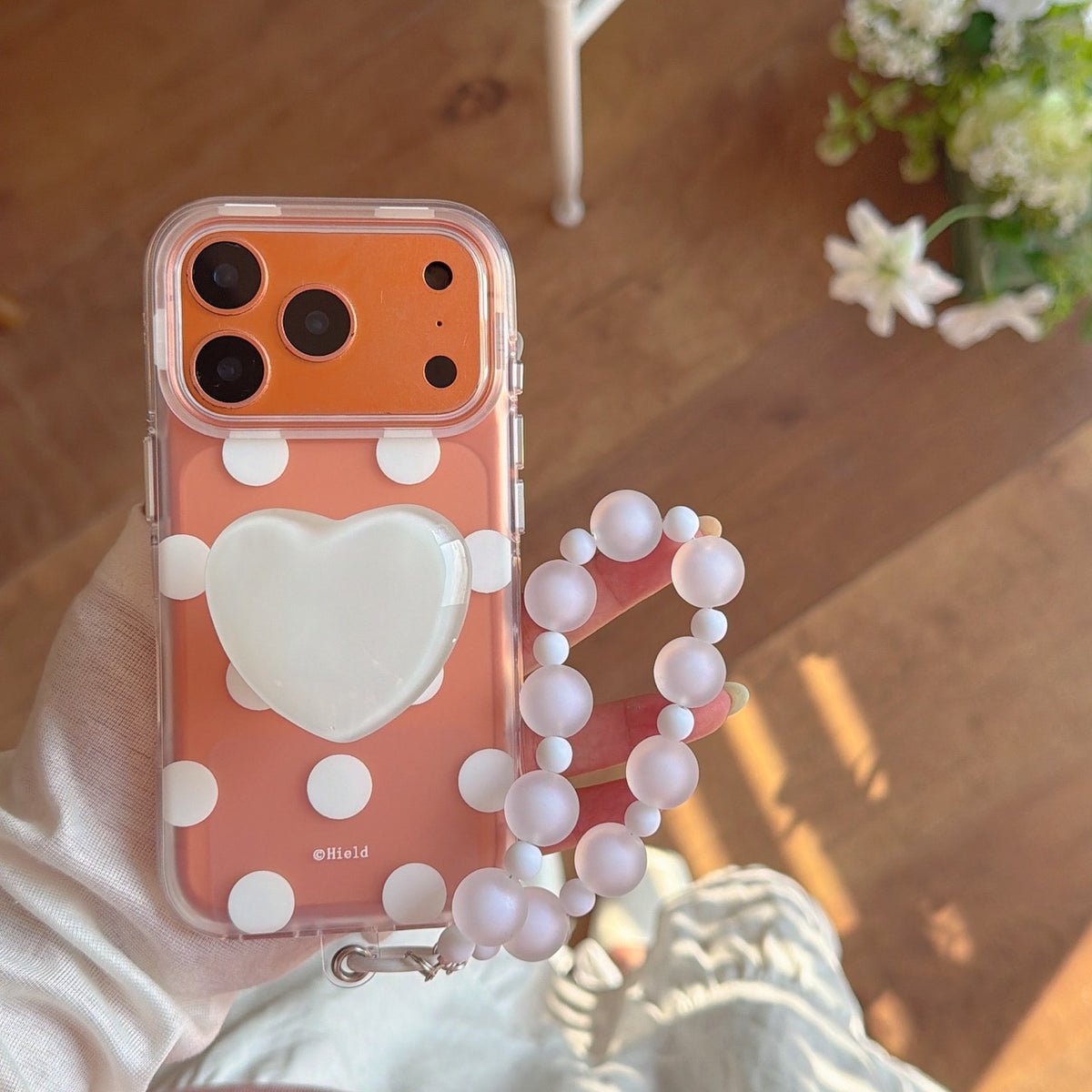 Matte Translucent Polka Dot Phone Case with Heart Stand & Beaded Wrist Strap