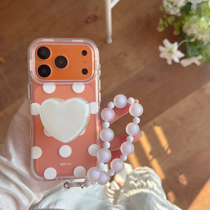 Matte Translucent Polka Dot Phone Case with Heart Stand & Beaded Wrist Strap
