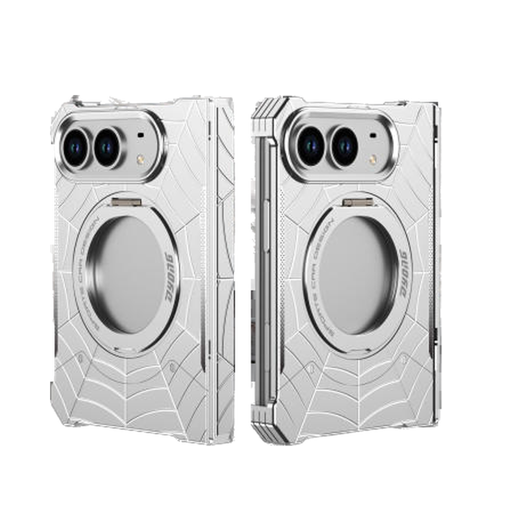 iPhone Duo Foldable Metal Case with Enclosed Hinge, Magnetic Rotating Ring Stand & Spider-Web Pattern