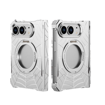 iPhone Duo Foldable Metal Case with Enclosed Hinge, Magnetic Rotating Ring Stand & Spider-Web Pattern