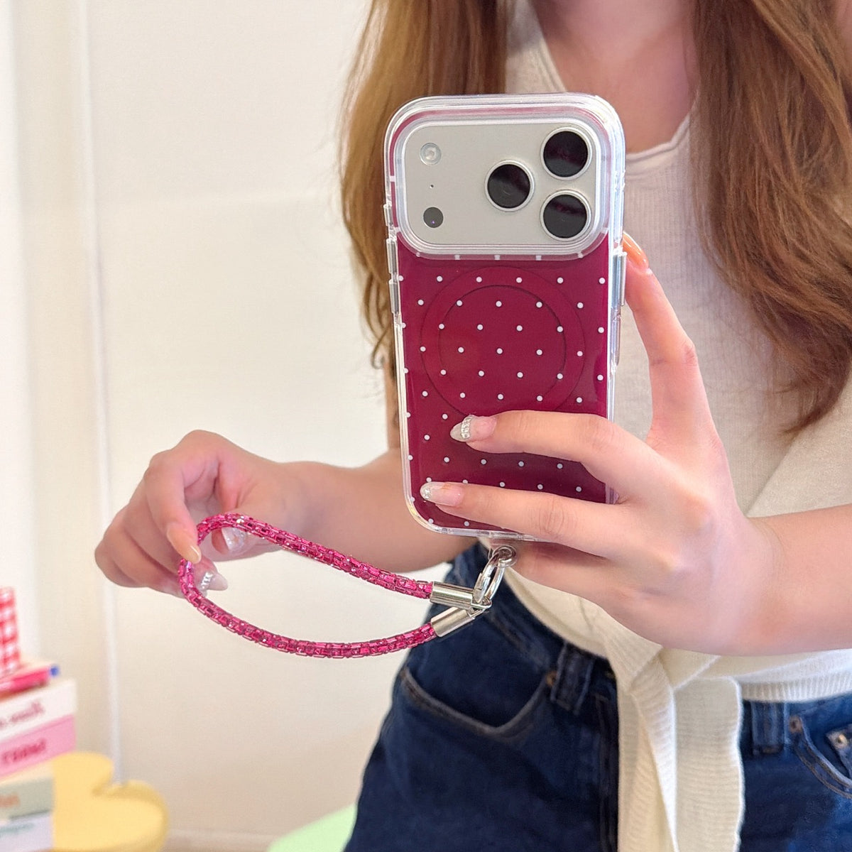 Burgundy White Polka Dot Magnetic Rounded-Edge Air-Cushion Double-Sided IMD iPhone Case with Wrist Strap