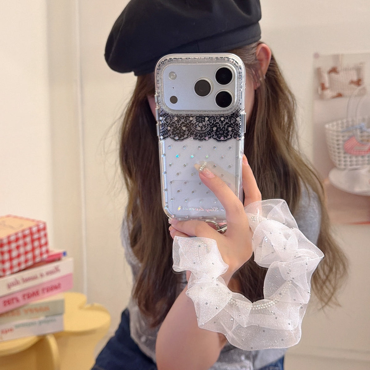 Black Lace & Silver Polka Dot Gold-Trimmed Air-Cushion Double-Sided IMD iPhone Case