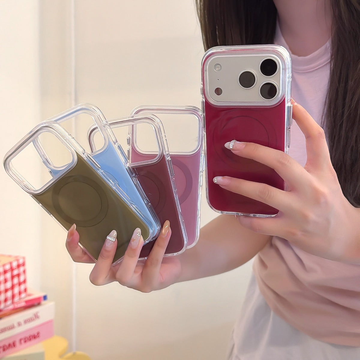 Minimalist Solid-Color Magnetic Ring Phone Case – Double-Sided IMD & 360° Air-Cushion Edges (5 Colors)
