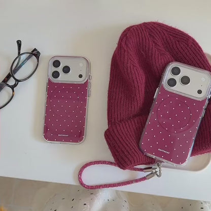 Burgundy White Polka Dot Magnetic Rounded-Edge Air-Cushion Double-Sided IMD iPhone Case with Wrist Strap product video v3.MOV