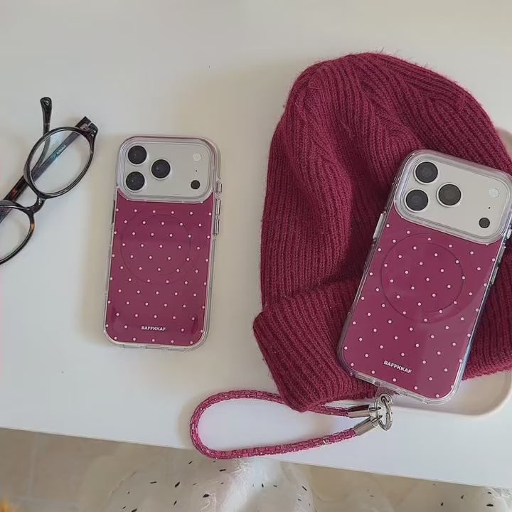 Burgundy White Polka Dot Magnetic Rounded-Edge Air-Cushion Double-Sided IMD iPhone Case with Wrist Strap product video v3.MOV
