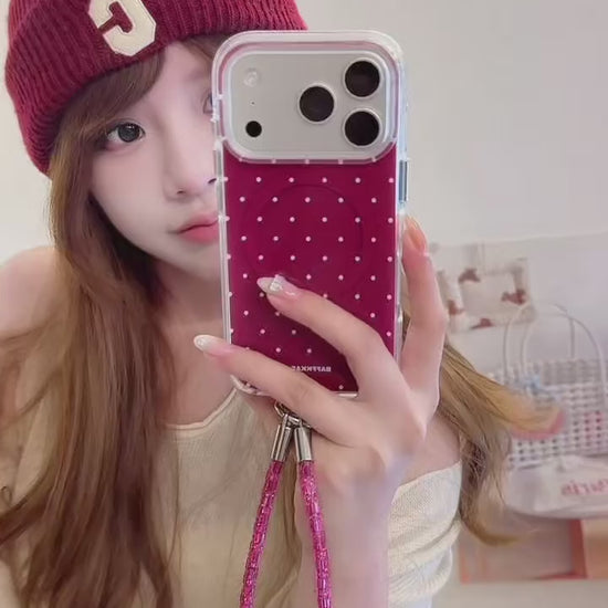 Burgundy White Polka Dot Magnetic Rounded-Edge Air-Cushion Double-Sided IMD iPhone Case with Wrist Strap product video v1.MOV