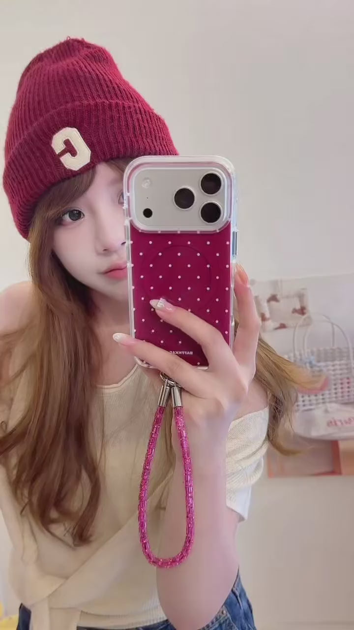 Burgundy White Polka Dot Magnetic Rounded-Edge Air-Cushion Double-Sided IMD iPhone Case with Wrist Strap product video v1.MOV