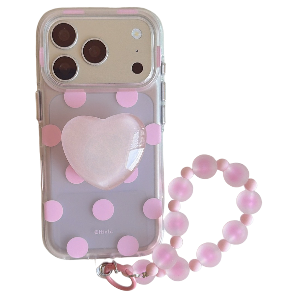 Matte Translucent Polka Dot Phone Case with Heart Stand & Beaded Wrist Strap