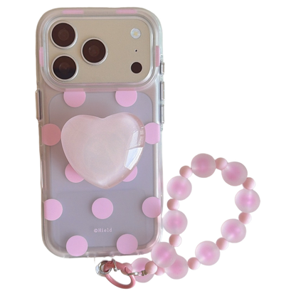 Matte Translucent Polka Dot Phone Case with Heart Stand & Beaded Wrist Strap