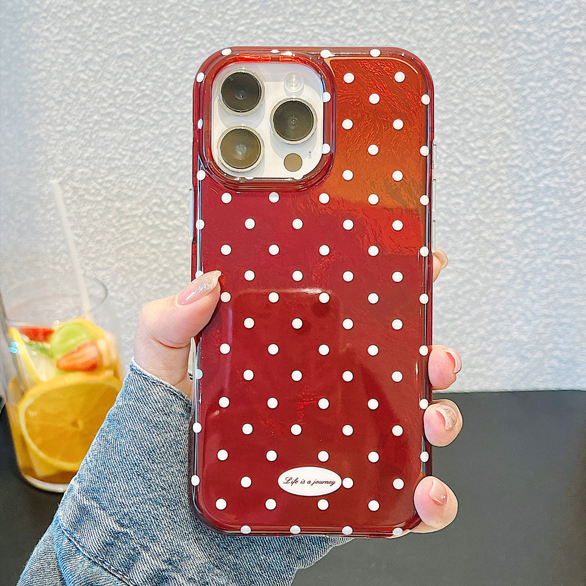 IMD Cherry Red Polka Dot Phone Case with Wrist Strap