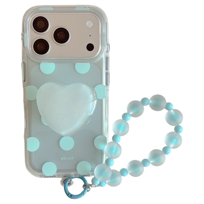 Matte Translucent Polka Dot Phone Case with Heart Stand & Beaded Wrist Strap