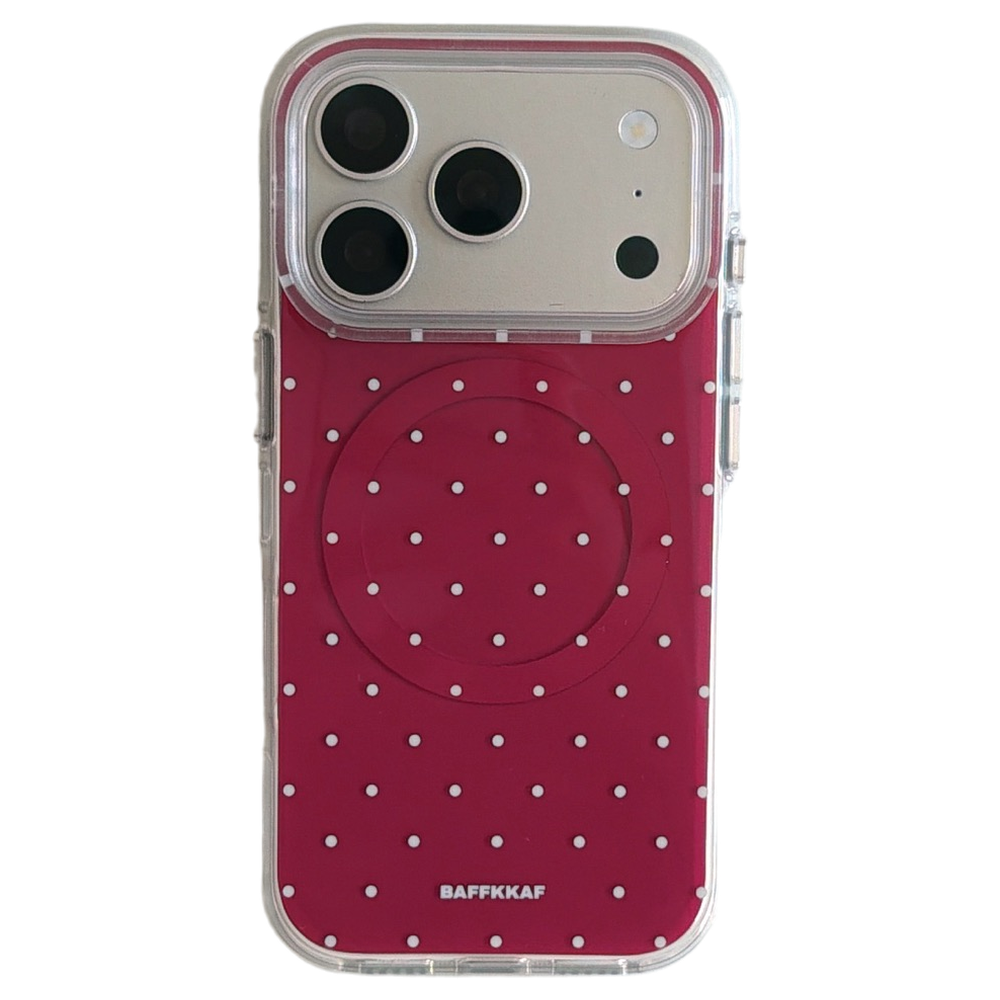 Burgundy White Polka Dot Magnetic Rounded-Edge Air-Cushion Double-Sided IMD iPhone Case with Wrist Strap