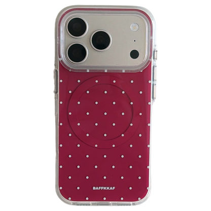 Burgundy White Polka Dot Magnetic Rounded-Edge Air-Cushion Double-Sided IMD iPhone Case with Wrist Strap