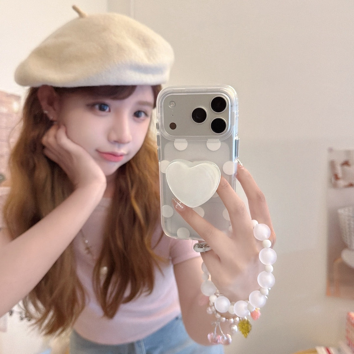 Matte Translucent Polka Dot Phone Case with Heart Stand & Beaded Wrist Strap