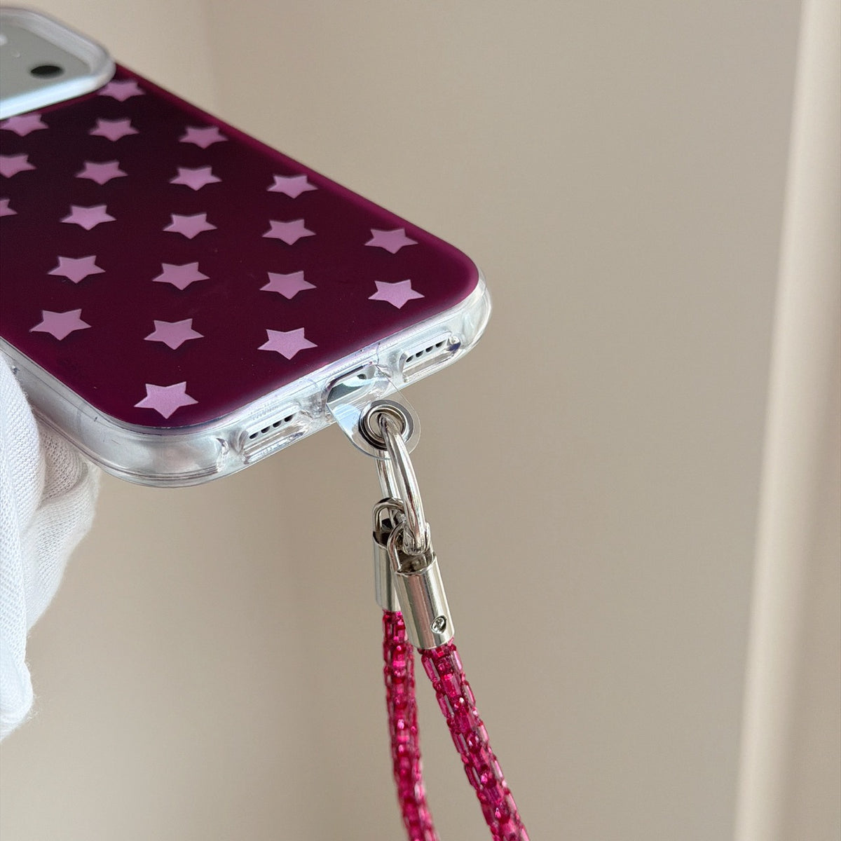 Burgundy Gradient Pink Star Air-Cushion IMD iPhone Case with Wrist Strap