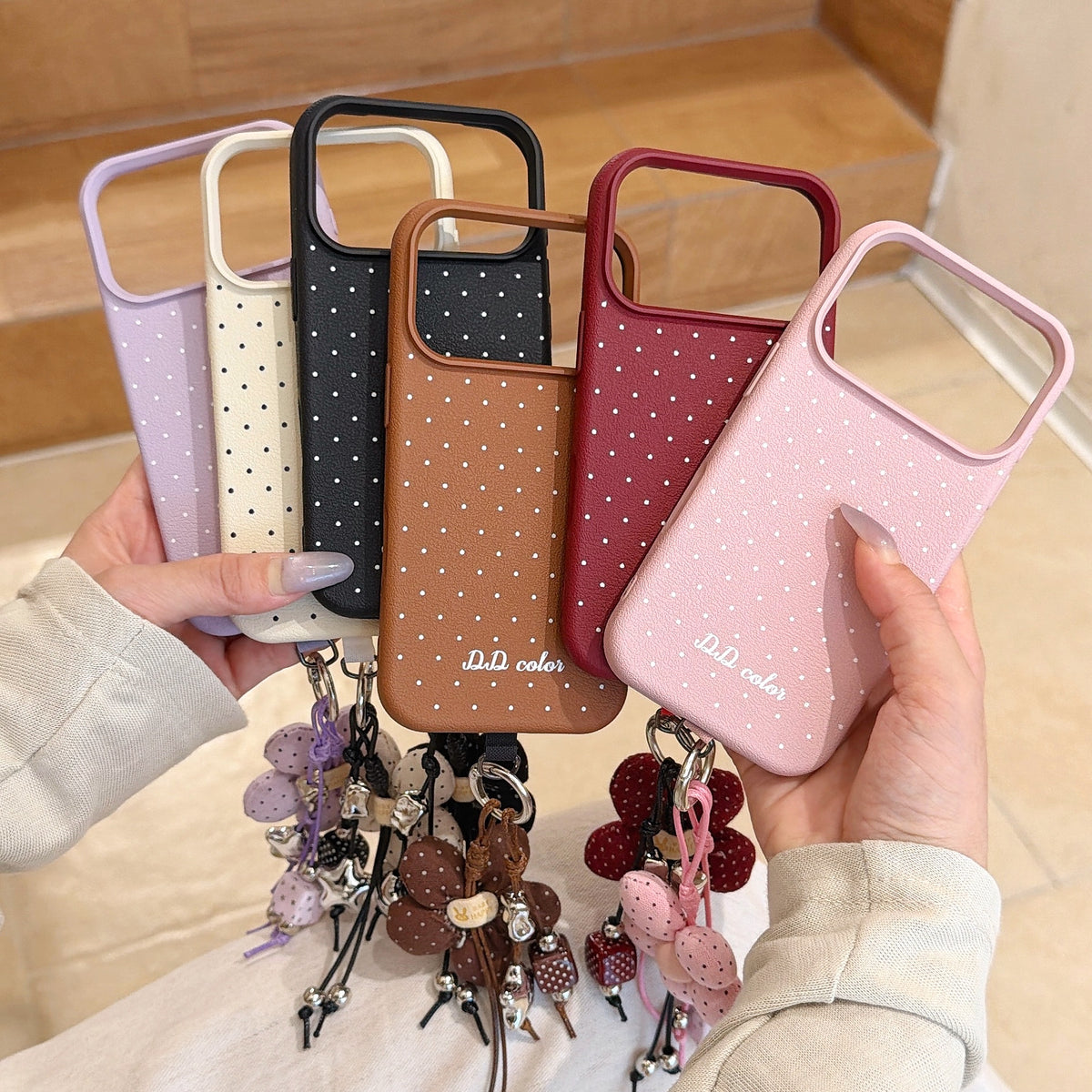 Polka Dot Phone Case with Flower Wrist Strap – 6 Color Styles
