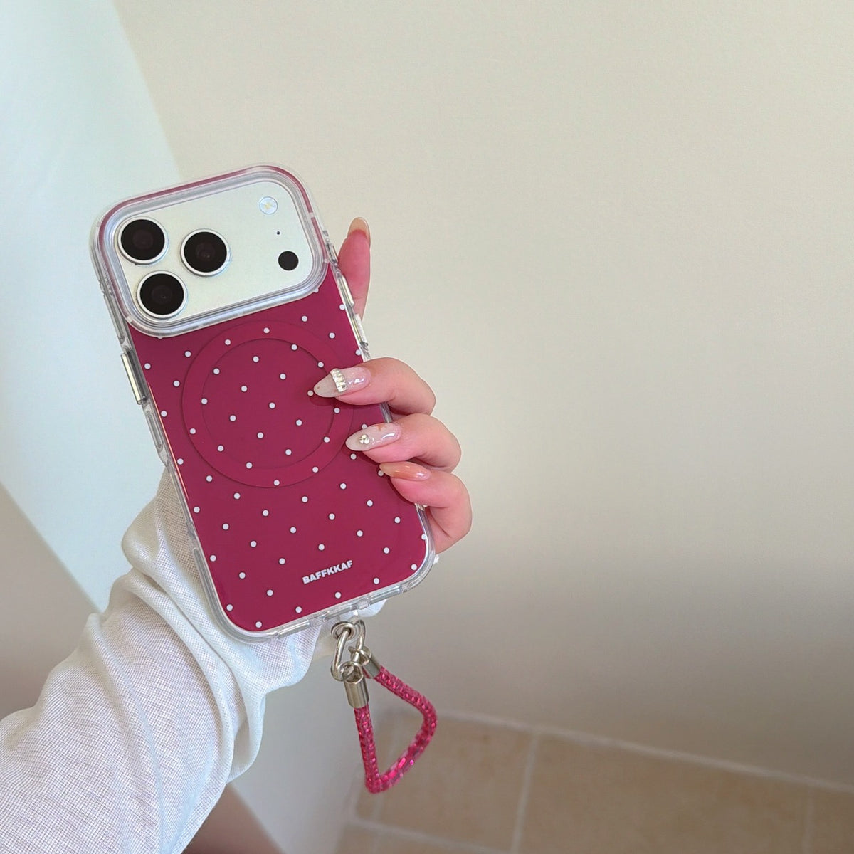 Burgundy White Polka Dot Magnetic Rounded-Edge Air-Cushion Double-Sided IMD iPhone Case with Wrist Strap