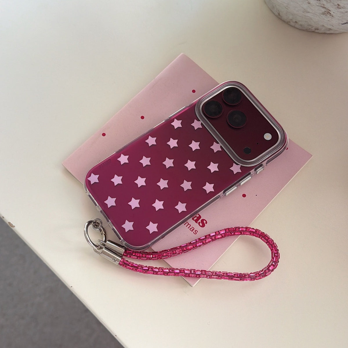 Burgundy Gradient Pink Star Air-Cushion IMD iPhone Case with Wrist Strap
