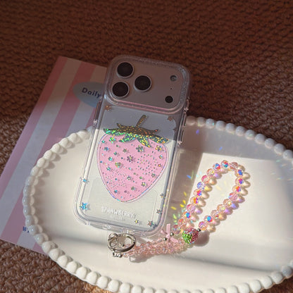 Pink Strawberry Glitter Case – With or Without Beaded Wrist Strap | 15 iPhone Models