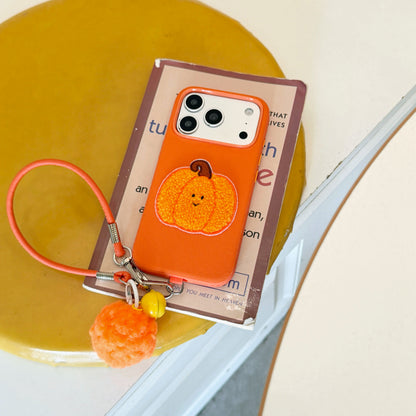 Orange Fabric Phone Case with Plush Embroidered Pumpkin & Pom-Pom Bell Wrist Strap