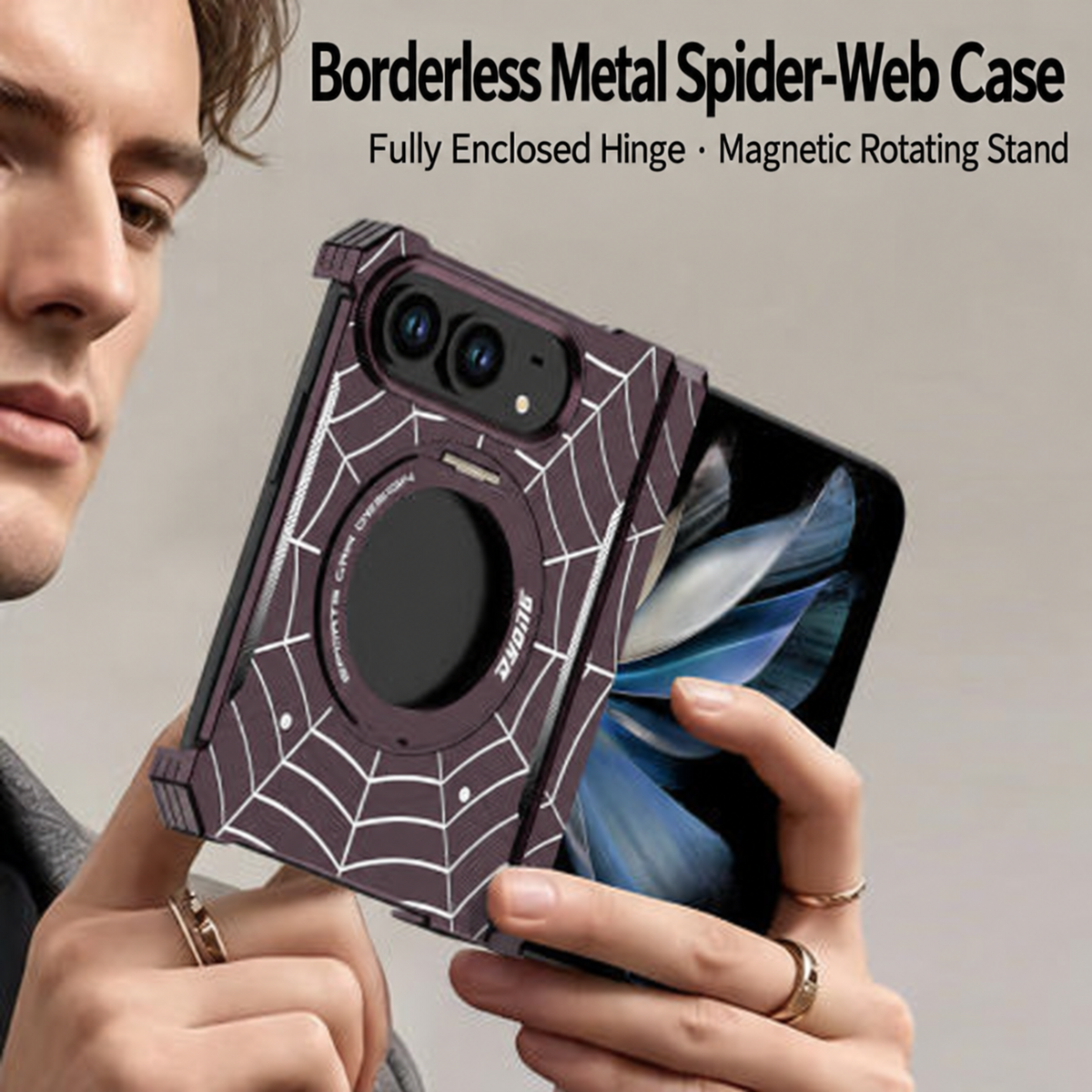 iPhone Duo Foldable Metal Case with Enclosed Hinge, Magnetic Rotating Ring Stand & Spider-Web Pattern