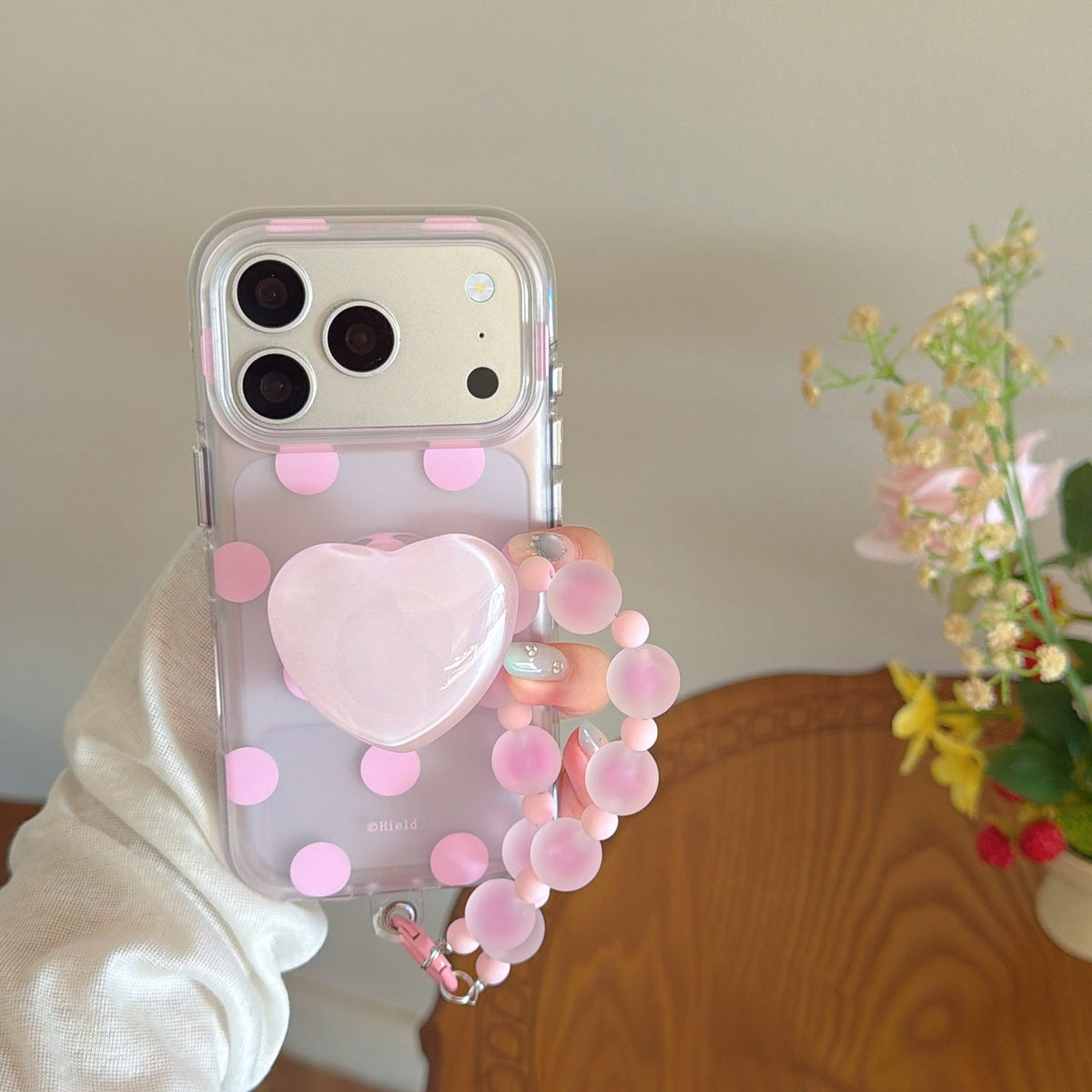 Matte Translucent Polka Dot Phone Case with Heart Stand & Beaded Wrist Strap
