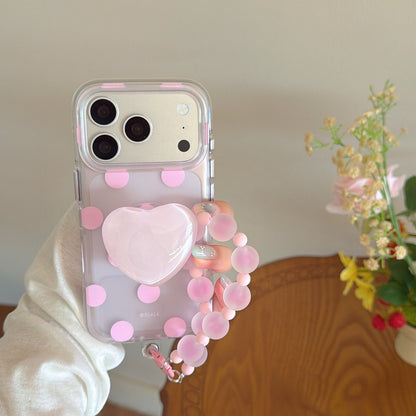 Matte Translucent Polka Dot Phone Case with Heart Stand & Beaded Wrist Strap