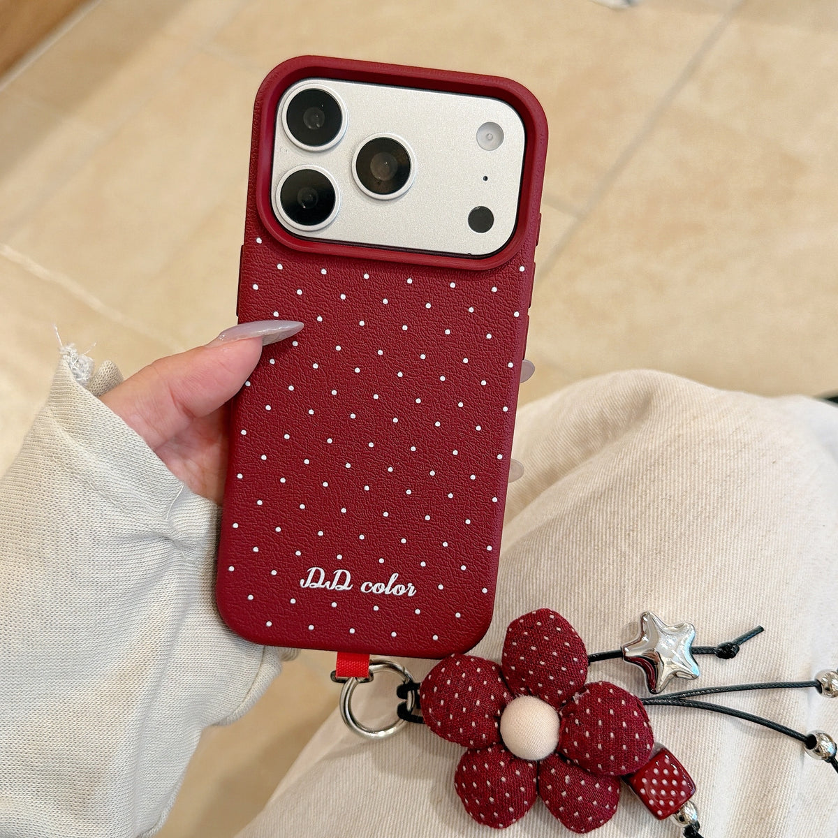 Polka Dot Phone Case with Flower Wrist Strap – 6 Color Styles