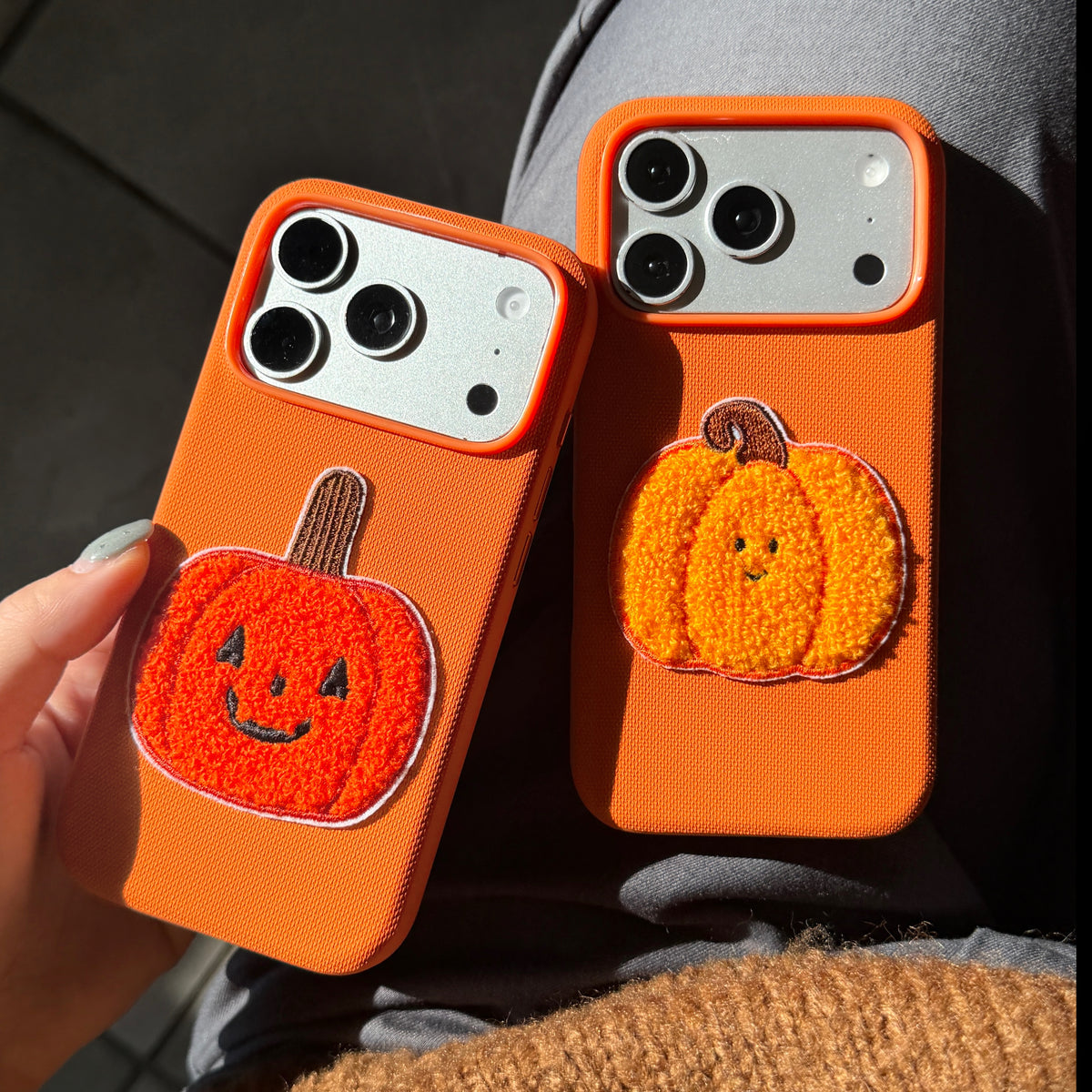 Orange Fabric Phone Case with Plush Embroidered Pumpkin & Pom-Pom Bell Wrist Strap