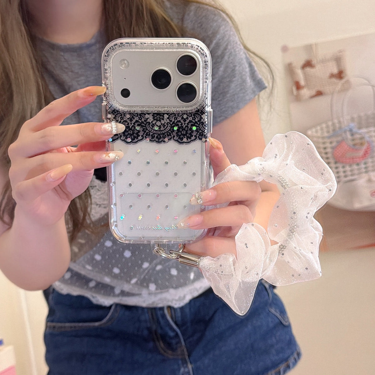 Black Lace & Silver Polka Dot Gold-Trimmed Air-Cushion Double-Sided IMD iPhone Case