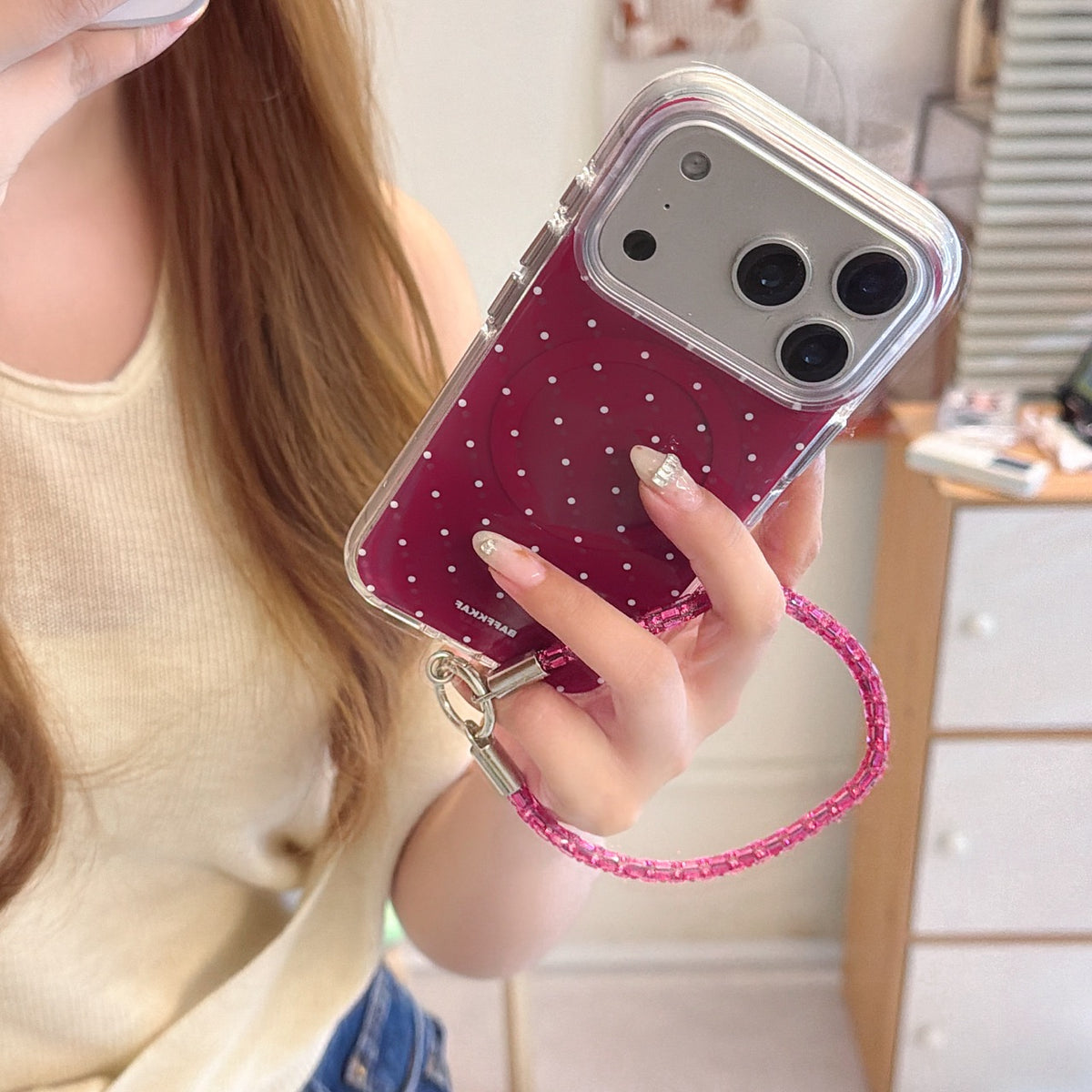 Burgundy White Polka Dot Magnetic Rounded-Edge Air-Cushion Double-Sided IMD iPhone Case with Wrist Strap