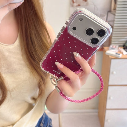 Burgundy White Polka Dot Magnetic Rounded-Edge Air-Cushion Double-Sided IMD iPhone Case with Wrist Strap