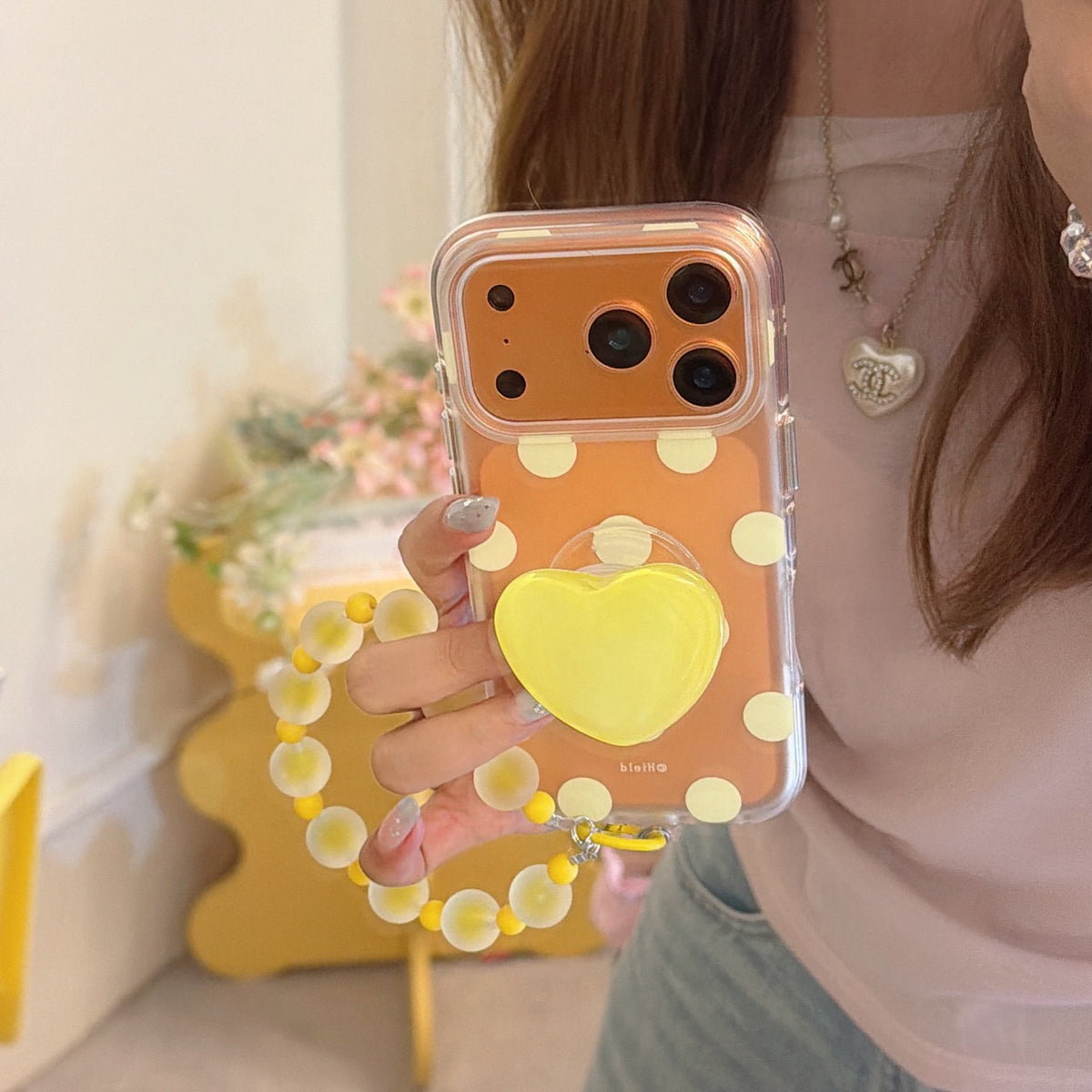 Matte Translucent Polka Dot Phone Case with Heart Stand & Beaded Wrist Strap