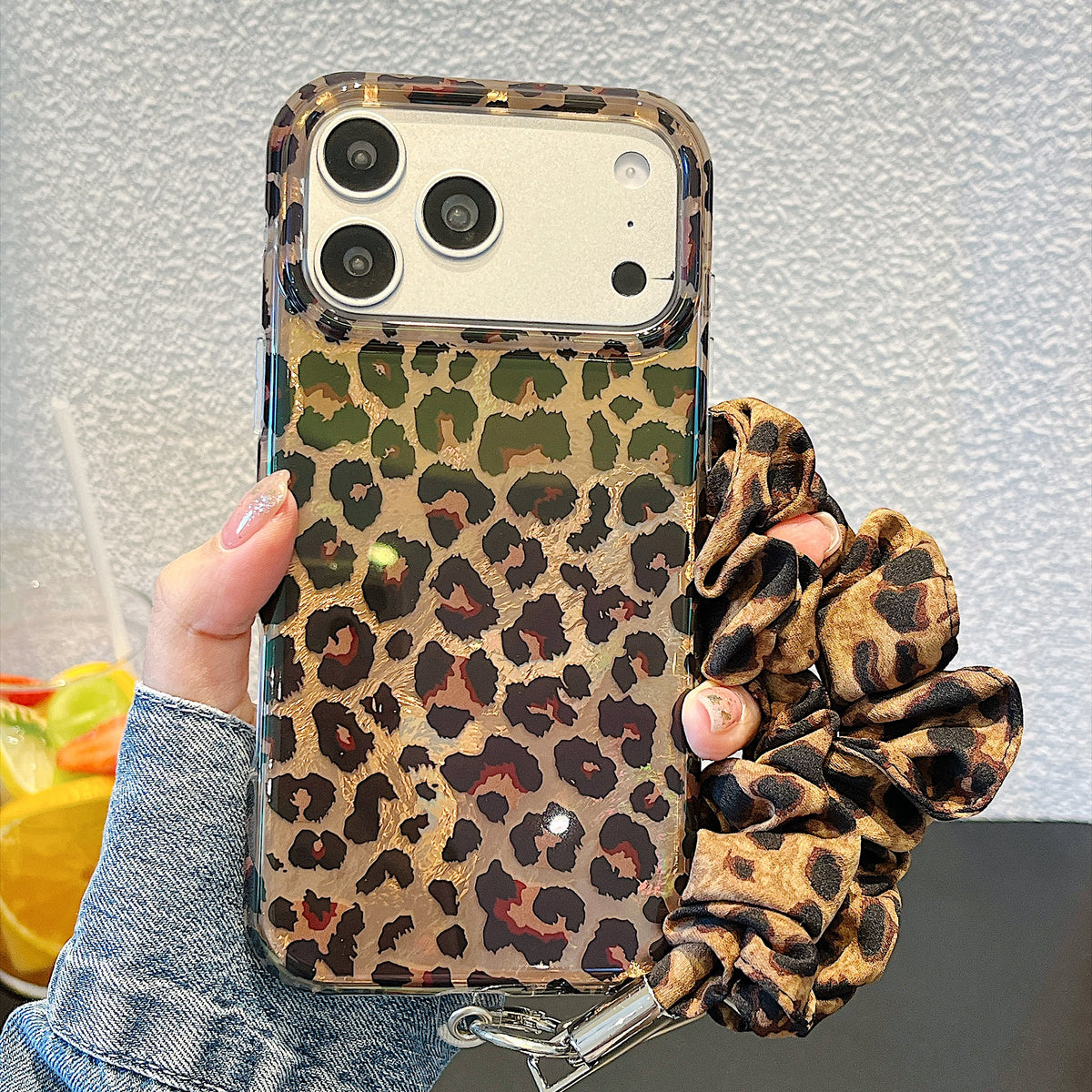 IMD Leopard Print Holographic Phone Case with Wrist Strap